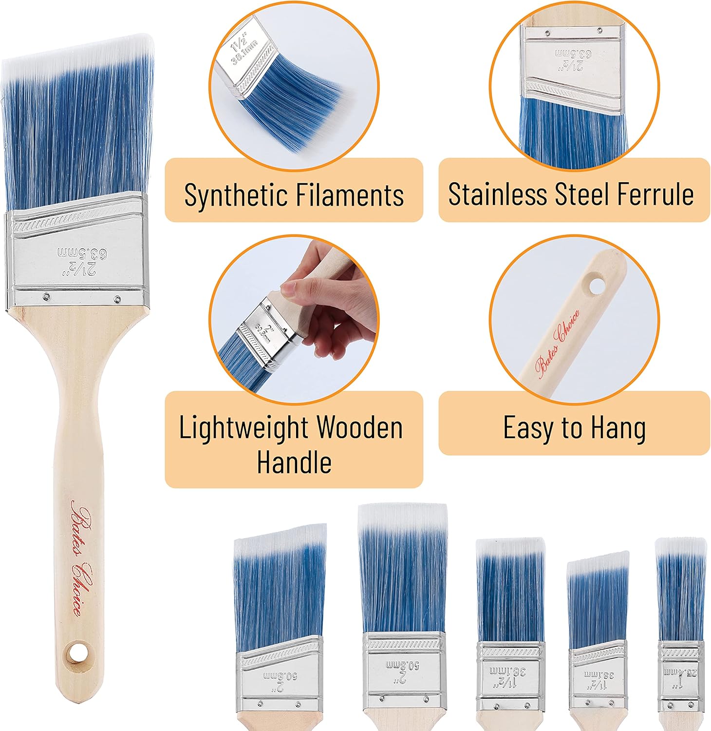 Bates- Paint Brushes, 6 Pack, Treated Wood Handle, Paint Brushes for Walls