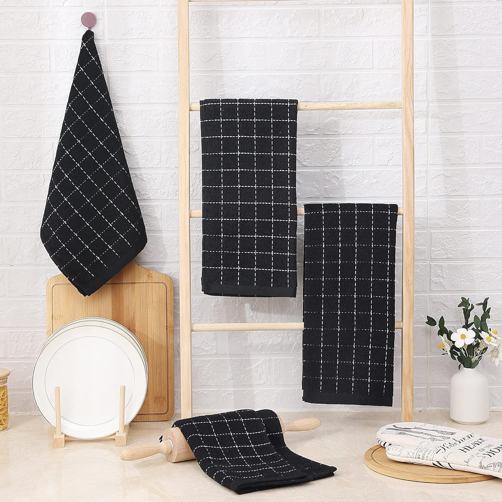 Homaxy 100% Cotton Terry Kitchen Towels(Black, 13 x 28 inches), Checkered