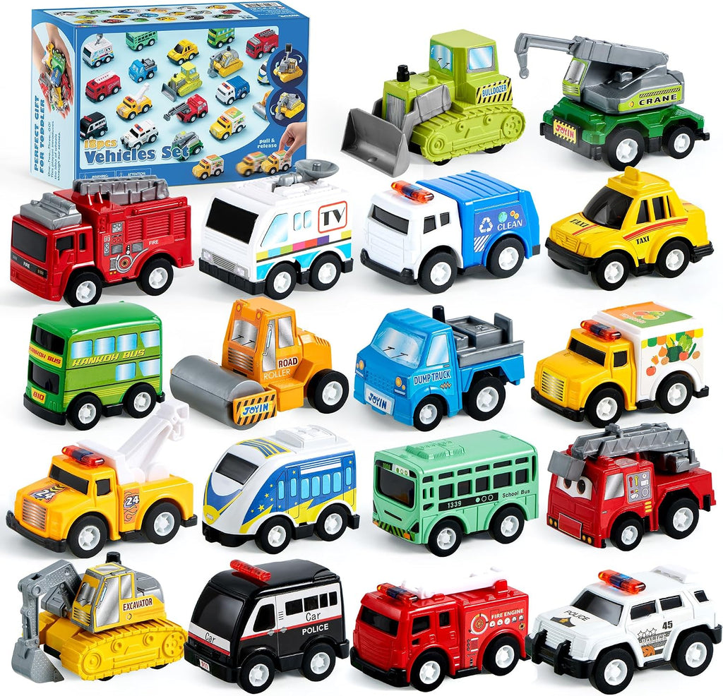 JOYIN 18 Pcs Pull Back City Cars and Trucks Toy Vehicles Set