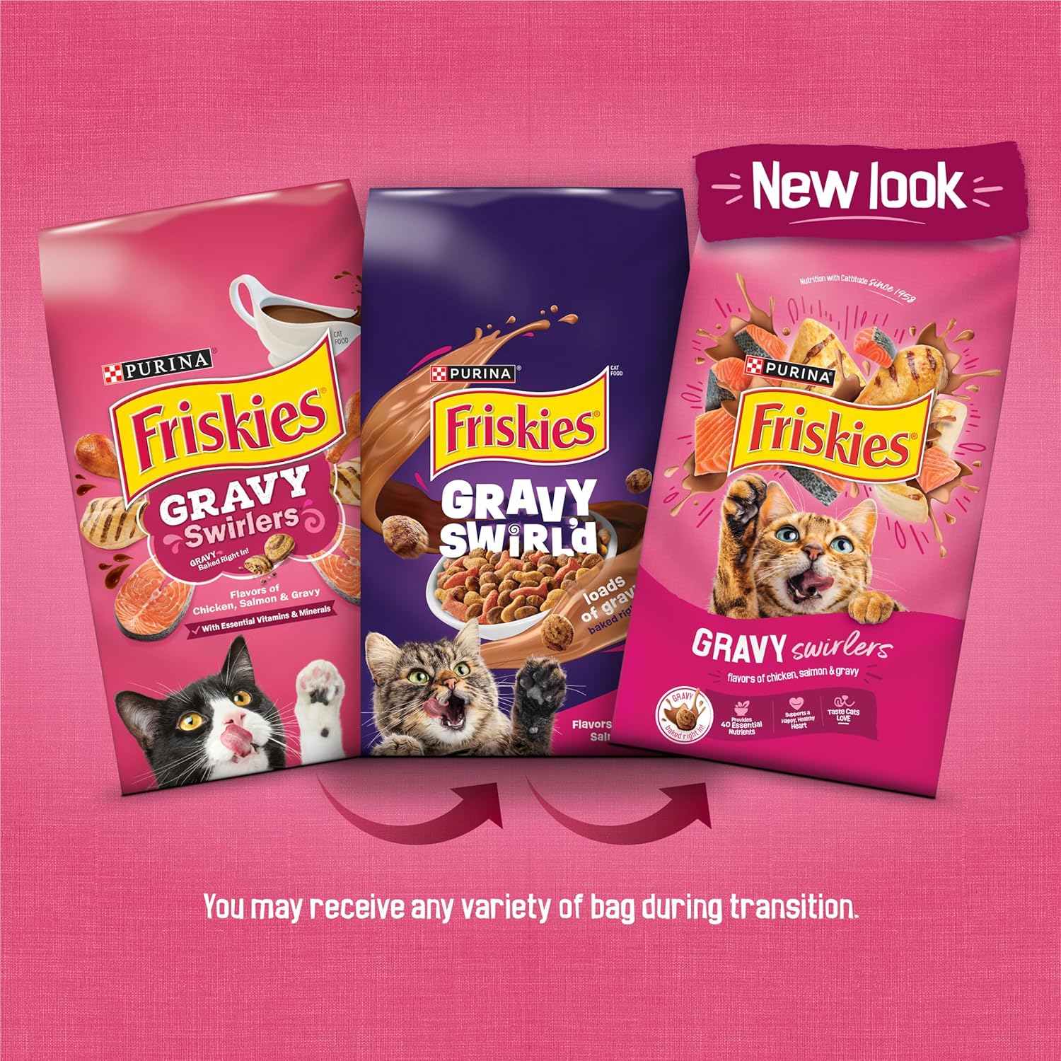 Purina Friskies Gravy Swirlers With Flavors of Chicken, Salmon and Gravy Dry