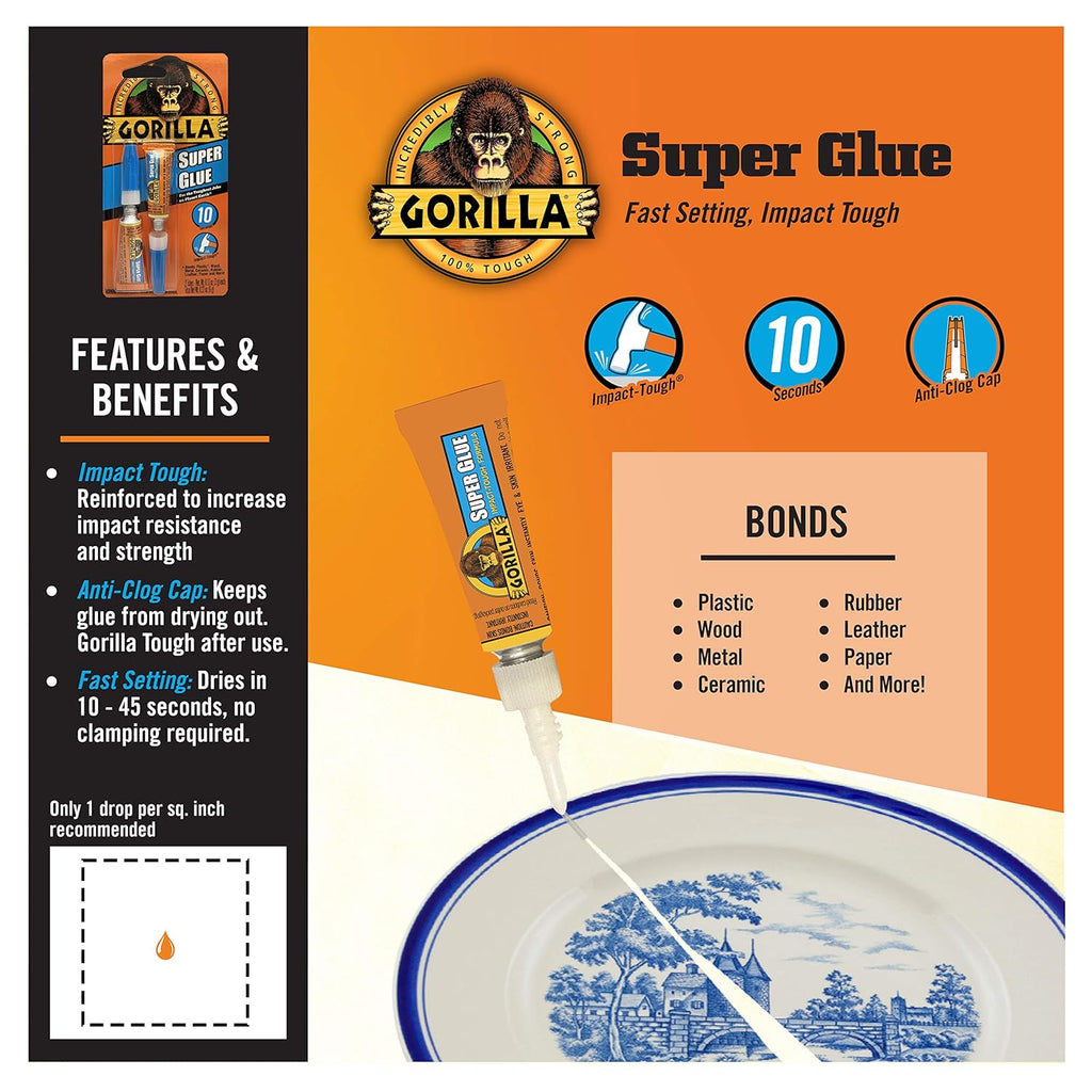 Gorilla Super Glue, Fast‰ÛÔSetting, Impact‰ÛÔTough All‰ÛÔPurpose Adhesive