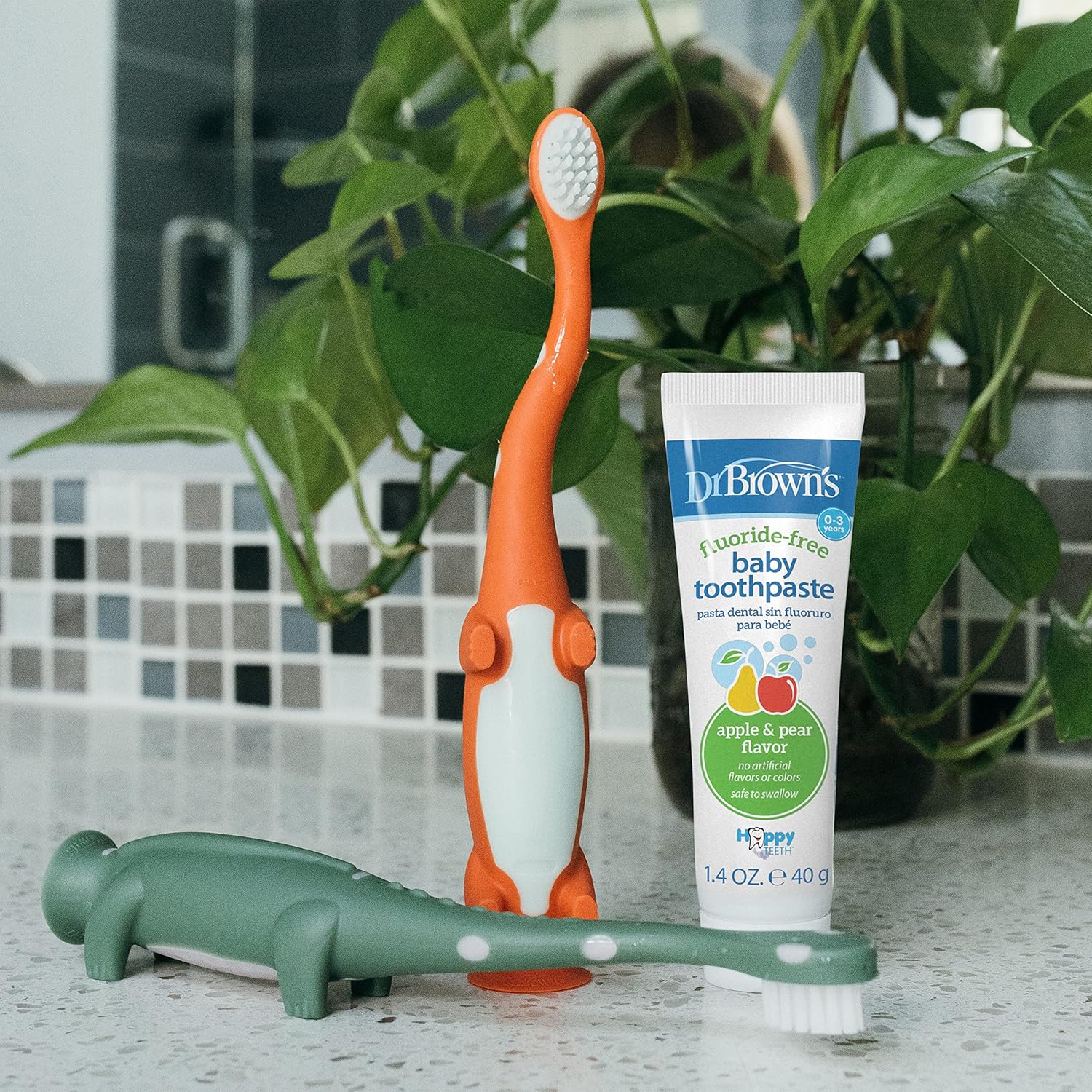 Dr. Brown's Baby and Toddler Toothbrush, Green and Orange Dinosaur 2-Pack